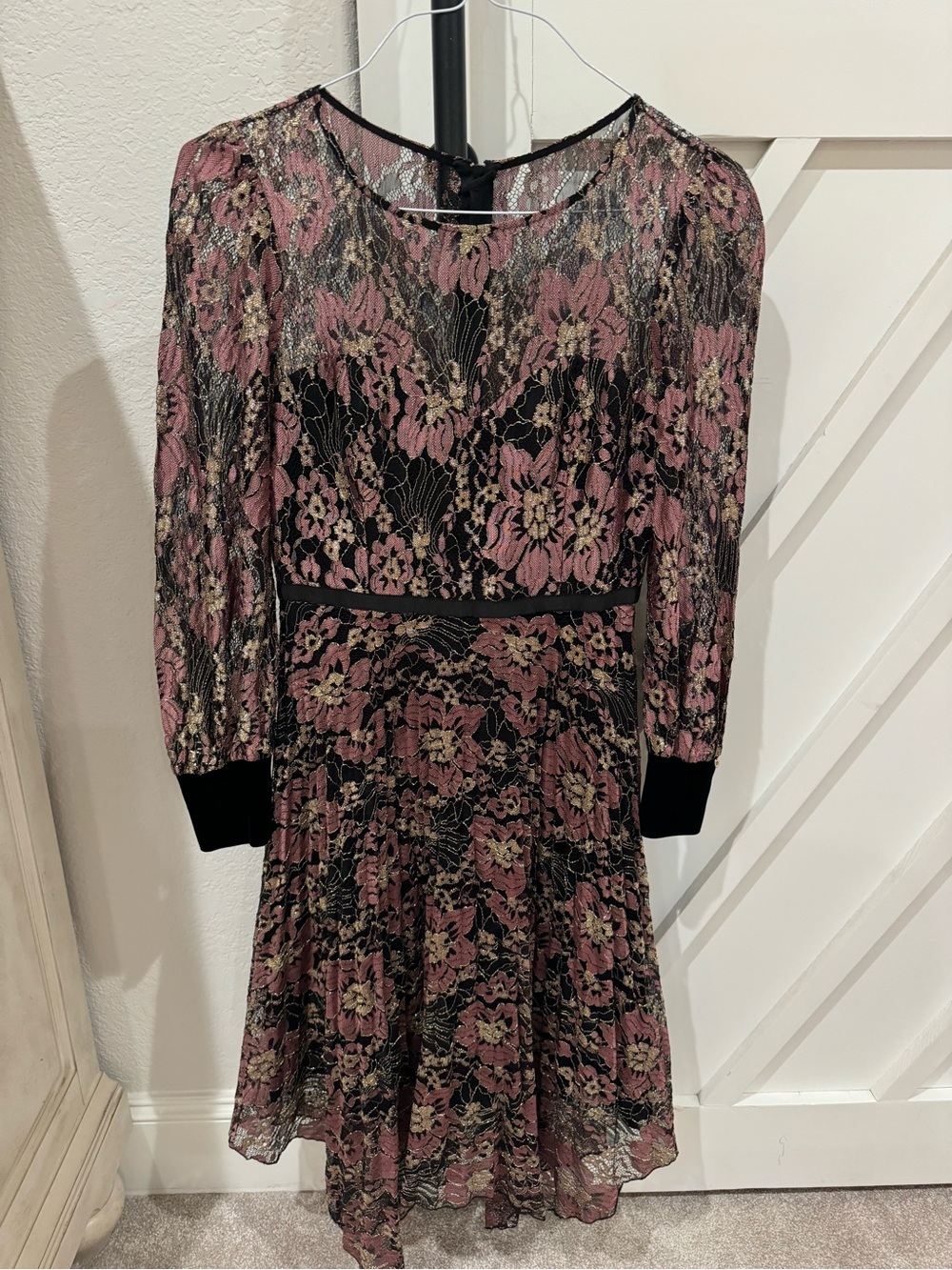 Nissa Black & Mauve Floral Lace Midi Dress